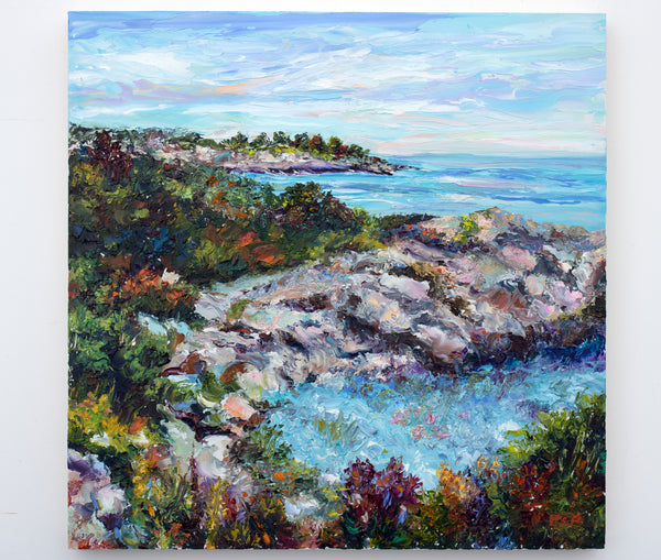 Ogunquit Coast, Maine. Original palette knife oil painting, oil on cradled birch panel.