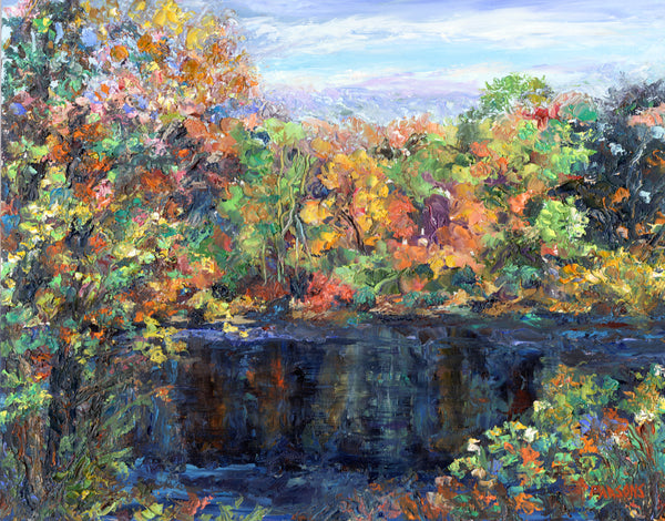 Autumn Reflections on the Delaware River, Framed impressionist oil painting, Bucks County, Pennsylvania Landscape.