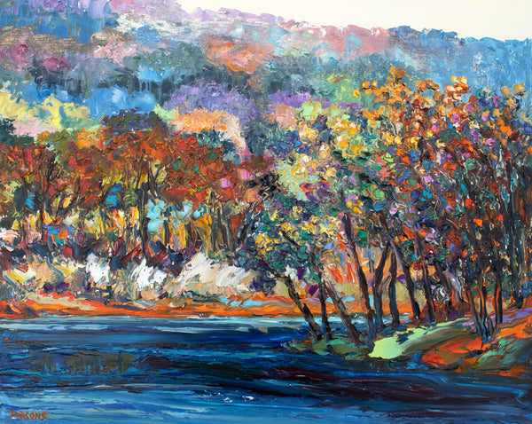Autumn Colors, Delaware River, Framed impressionist oil painting, Bucks County, Pennsylvania.