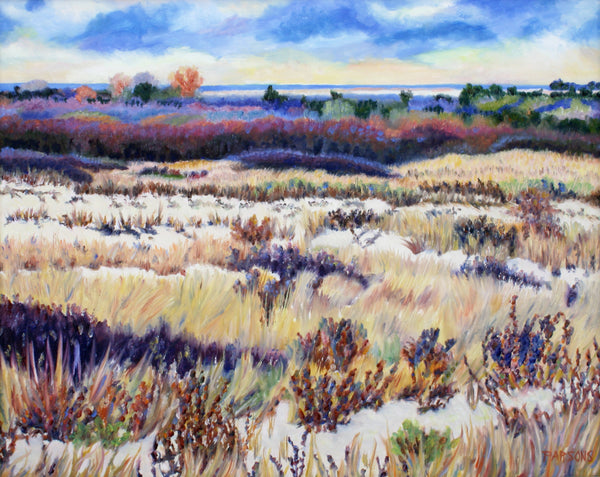 Winter Dunes, Barnegat Light, Long Beach Island, Jersey Shore. Original impressionist oil painting. Oil on panel