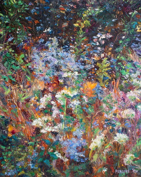 Colorful autumn flowers bloom along the Delaware River. Original impressionist oil painting.