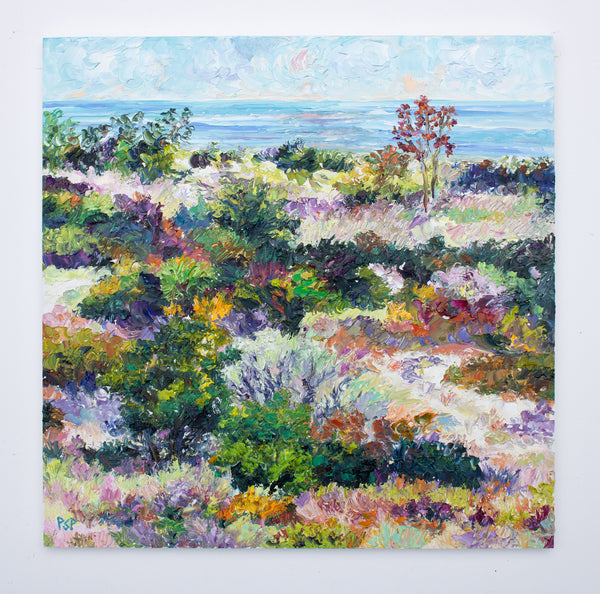 Sandy Hook Beach Meadow, Jersey Shore. Impressionist oil on panel painting.