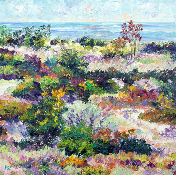 Sandy Hook Beach Meadow, Jersey Shore. Impressionist oil on panel painting.
