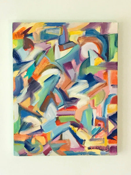Colorful abstract oil on gallery wrapped canvas painting.