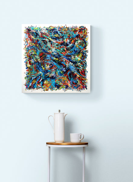 Splash, Original Abstract Drip Painting, Acrylic on Square Cradled Birch Panel, Painted edges, By Pamela Parsons