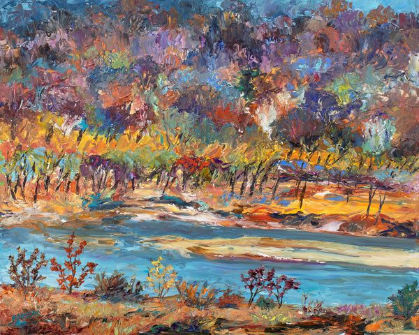 Original impressionist oil painting depicting a colorful autumn landscape along the Delaware River with trees and a turquoise water.