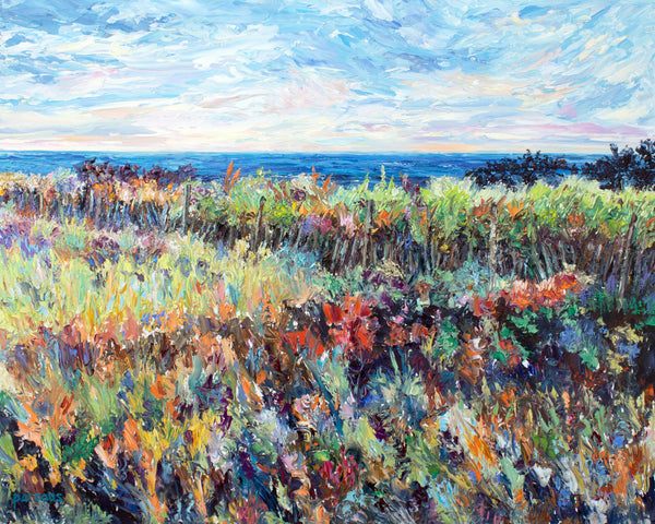 Colorful dune flowers grow against a dune fence with a deep blue ocean and pastel sky. Long Beach Island palette knife impasto oil painting.