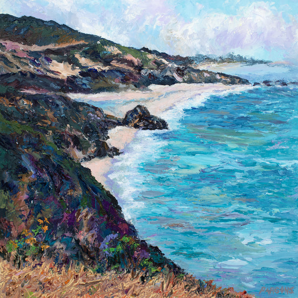 An original impressionist oil painting of a beach scene with rocky cliffs and ocean with a pink sandy beach.