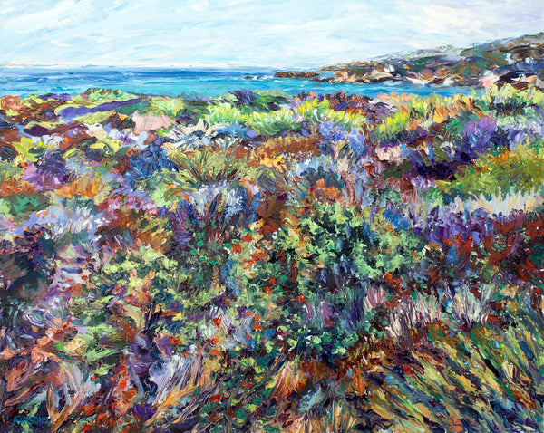 An original impressionist oil painting featuring a vibrant array of colors with a coastal landscape and ocean in Big Sur, California.