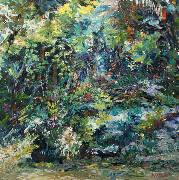 An impressionistic oil painting of a lush forest scene with dense green foliage, blue and purple undertones, and bright yellow highlights, featuring visible impasto brushstrokes.