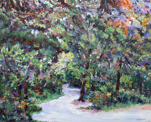 An impressionist oil painting depicting a vibrant Cape Cod scene of a path through a wooded area with pine trees and colorful leaves.