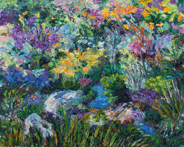Debbi's Garden. Impressionist oil on panel painting.