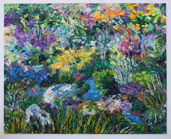 Debbi's Garden. Impressionist oil on panel painting.