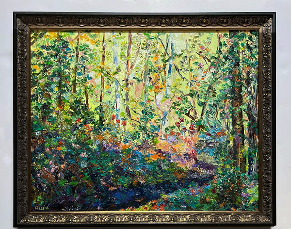 Framed palette knife oil painting of a forest scene with vibrant sunlit colors against the dark blue Delaware Canal in Bucks County, PA. 