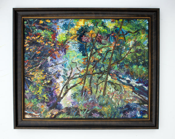 Framed Palette knife impasto oil painting with colorful autumn leaves, trees and flowing creek. Bucks County scene from Ralph Stover State Park. Walnut wood frame with gold trim frame.