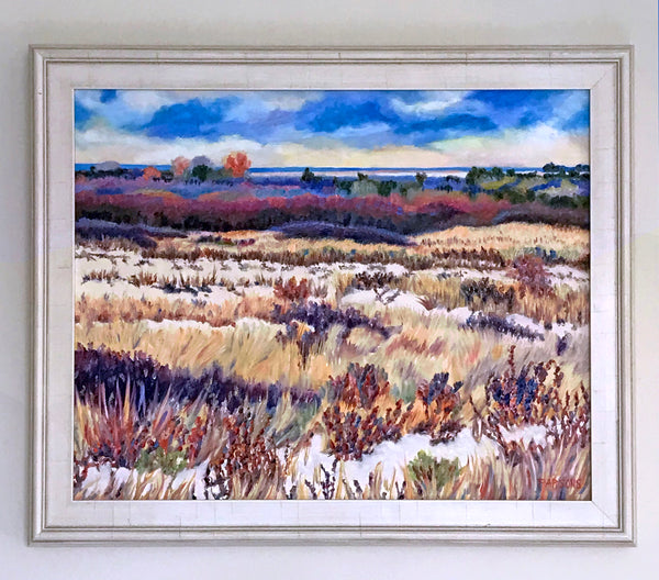 An original framed impressionist oil painting featuring a seascape with colorful dunes and sky. Long Beach Island, Barnegat Light Landscape Painting. Professionally framed with white wood frame