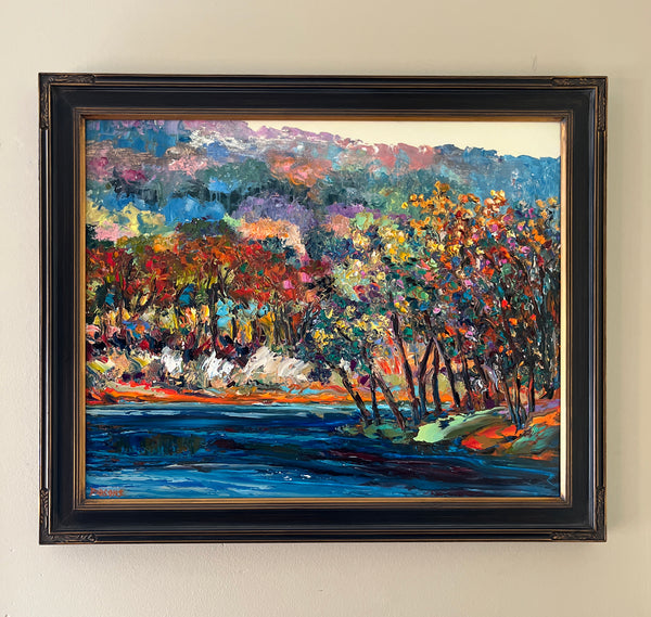 Framed painting with dark wood frame with gold inset. Colorful Delaware River palette knife impasto oil on panel painting.