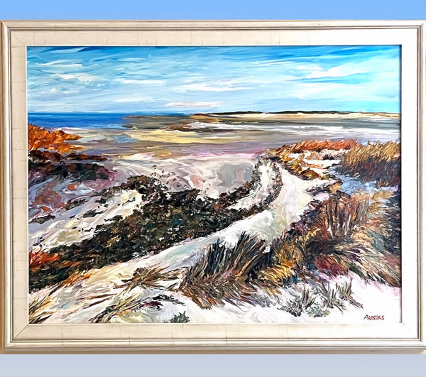 Framed painting of a coastal landscape with a blue sky. Long Beach Island, Jersey Shore.