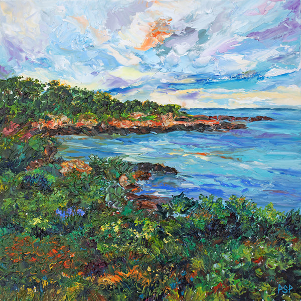 Palette Knife Oil Painting of a coastal Gloucester, MA landscape at sunset with pine trees and blue water.