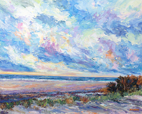 Sunset, Ocean City. Waverly Beach. Jersey Shore. Original palette knife oil on panel painting.