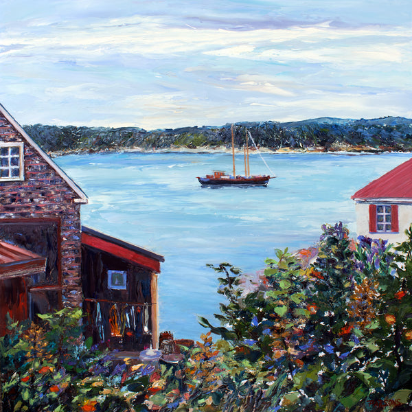 An impressionistic oil painting of a coastal harbor in Castine, Maine, with blue water, a small sailboat in the distance, and houses with red roofs framed by green and purple foliage in the foreground.