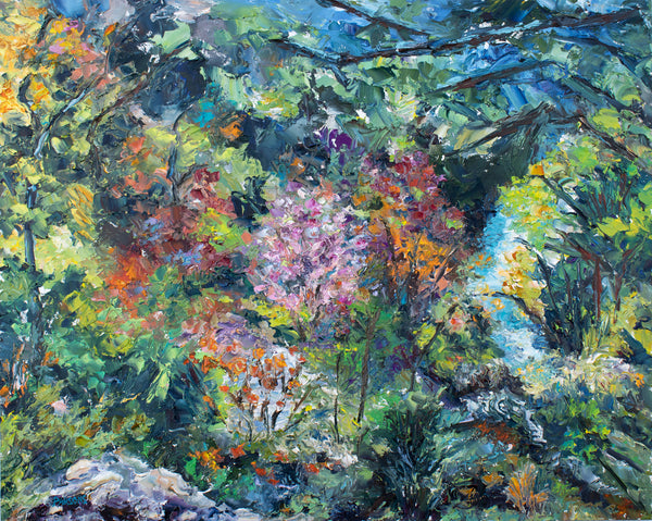 Colorful forest scene with trees and Autumn foliage at Ralph Stover State Park, Bucks County, PA. Palette knife oil painting.