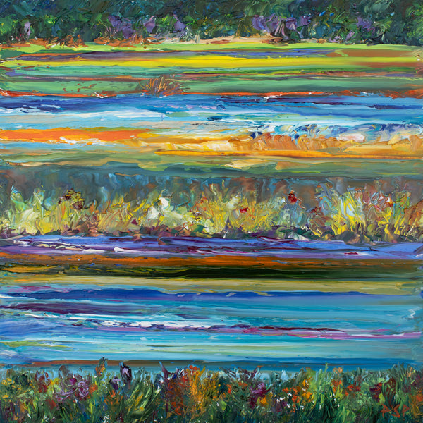 Colorful palette knife landscape painting. Impressionist coastal scene of a salt marsh on Plum Island, Cape Ann, MA