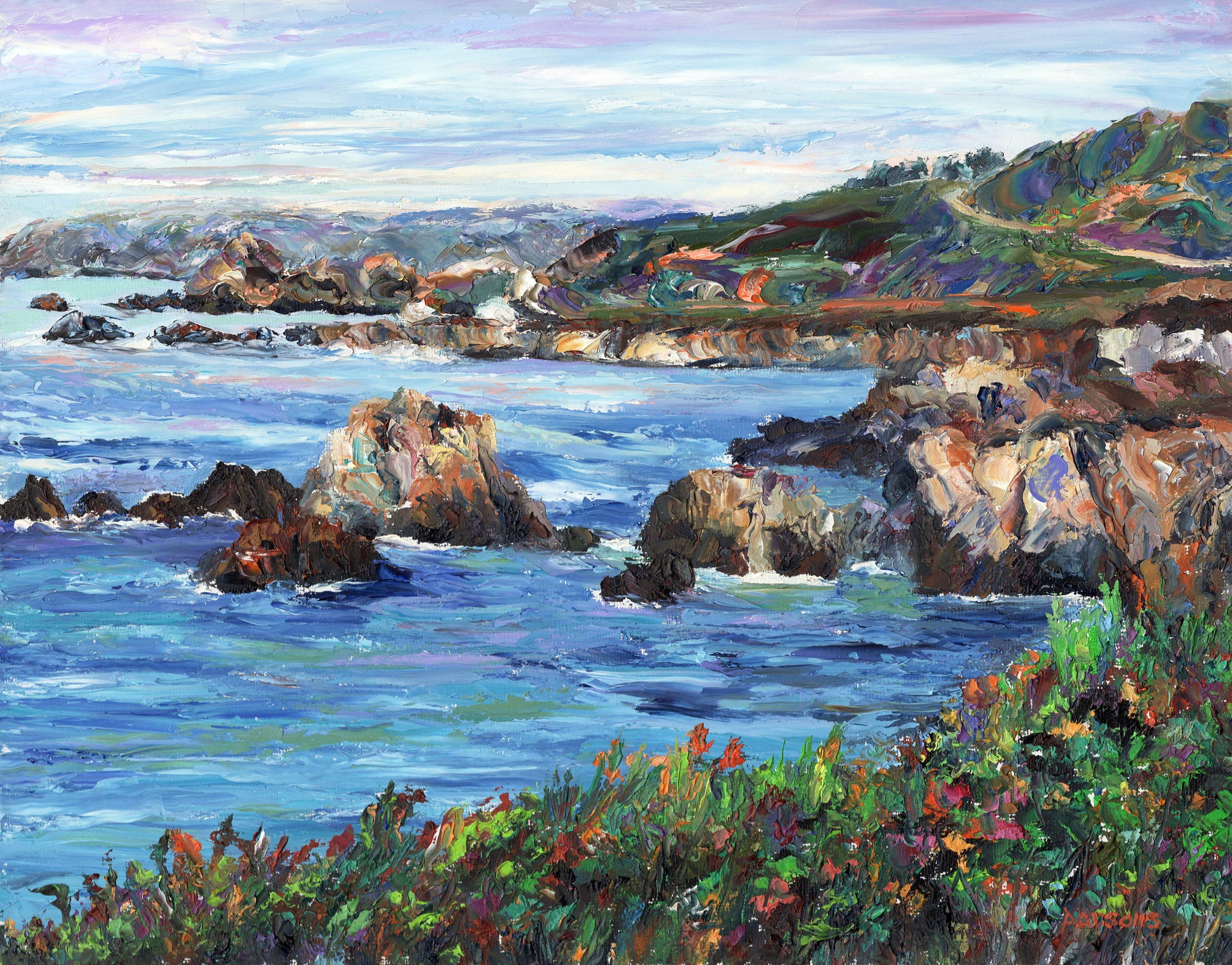 Rocky Coast, Big Sur, California Coast. Original Impressionist Oil Painting, Oil on panel.