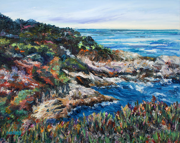 An original impressionist oil painting depicting a rocky coastal scene in Big Sur, California, with a palette knife technique and textured paint surface.