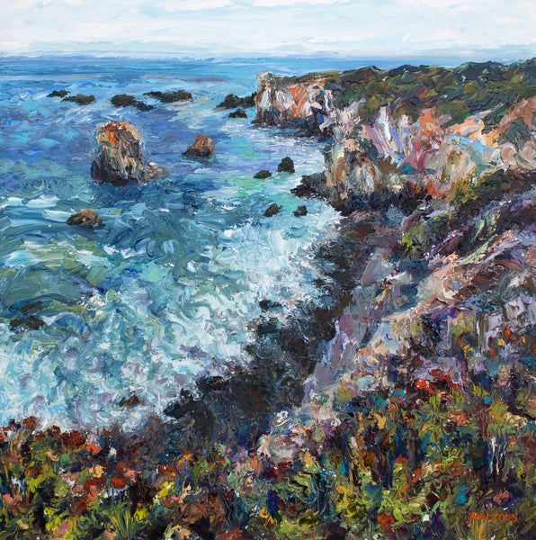 Vibrant brushstrokes capture a lively coastal scene with tumultuous blue waters meeting a rugged shoreline. Rich textures and a dynamic palette convey the natural beauty and energy of the seascape with wildflowers dotting the cliffs. Palette Knife Oil Painting.
Inspired by our road trip down the Pacific Coast Highway from San Francisco to Santa Monica, California.