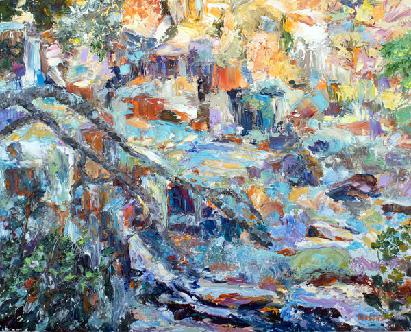 Colorful abstract painting of a landscape with rocks, water and trees. Acadia National Park, Maine Coast.