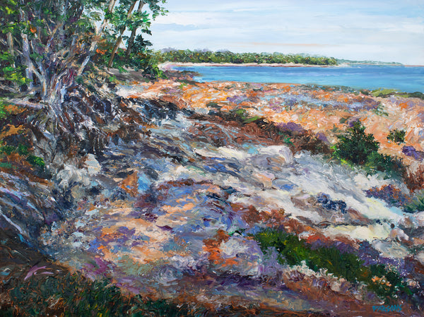 Painting of a coastal landscape with rocks, trees, and water. Palette knife oil painting of the Schoodic Peninsula at Acadia National Park, Maine Coast. 