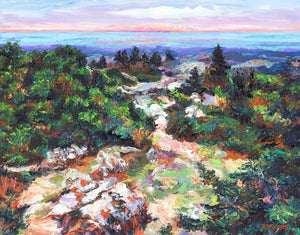 Sunrise Hike, Cadillac Mountain, Acadia National Park, Maine. Original oil on panel painting.