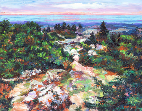 Sunrise Hike, Cadillac Mountain, Acadia National Park, Maine. Original oil on panel painting.