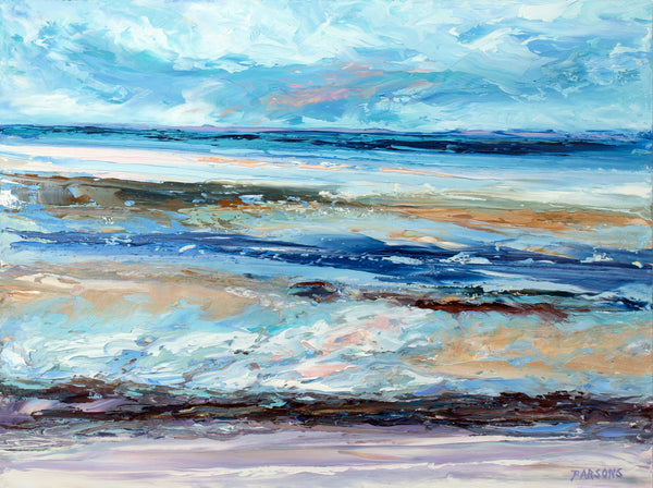 Sandy tidal flats against a deep blue bay and swirled cloud sky. Palette Knife Cape Cod Oil Painting. Tidal Flats at Brewster, Cape Cod.