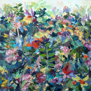 Beach Garden. Impressionist oil on panel painting.