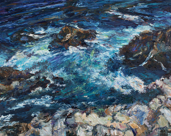 An original impressionist oil painting depicting a wild surf scene in Big Sur, California. The artwork features a vivid portrayal of ocean waves meeting rocky coasts, with a palette knife texture technique.