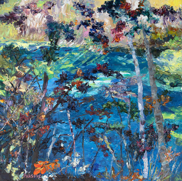 River Through Trees. Delaware River. Original impressionist oil painting, Bucks County, Pennsylvania.