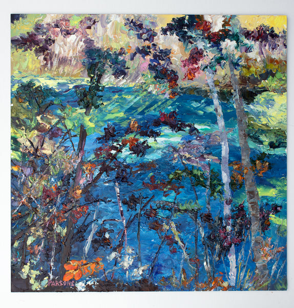 River Through Trees. Delaware River. Original impressionist oil painting, Bucks County, Pennsylvania.