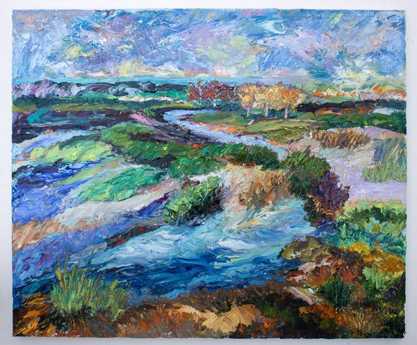 Cape Cod Painting. Palette Knife Coastal Landscape. Sunset, Paine's Creek Beach, Brewster, Massachusetts. Oil on Canvas.