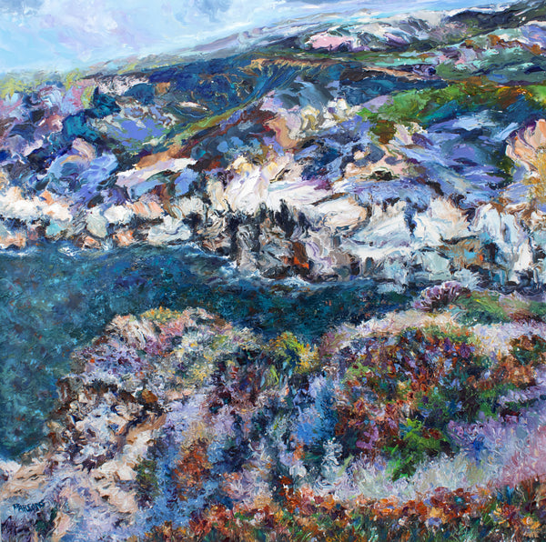 Dramatic colorful cliffs surround a wild turquoise sea in a beautiful Big Sur Cove with flowers in the foreground cliffs. Palette knife California coastal art.