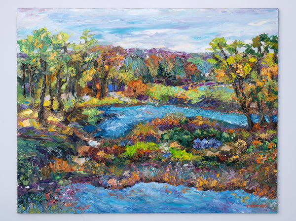 Autumn Colors on the Delaware, Original impressionist oil painting, Bucks County, Pennsylvania.