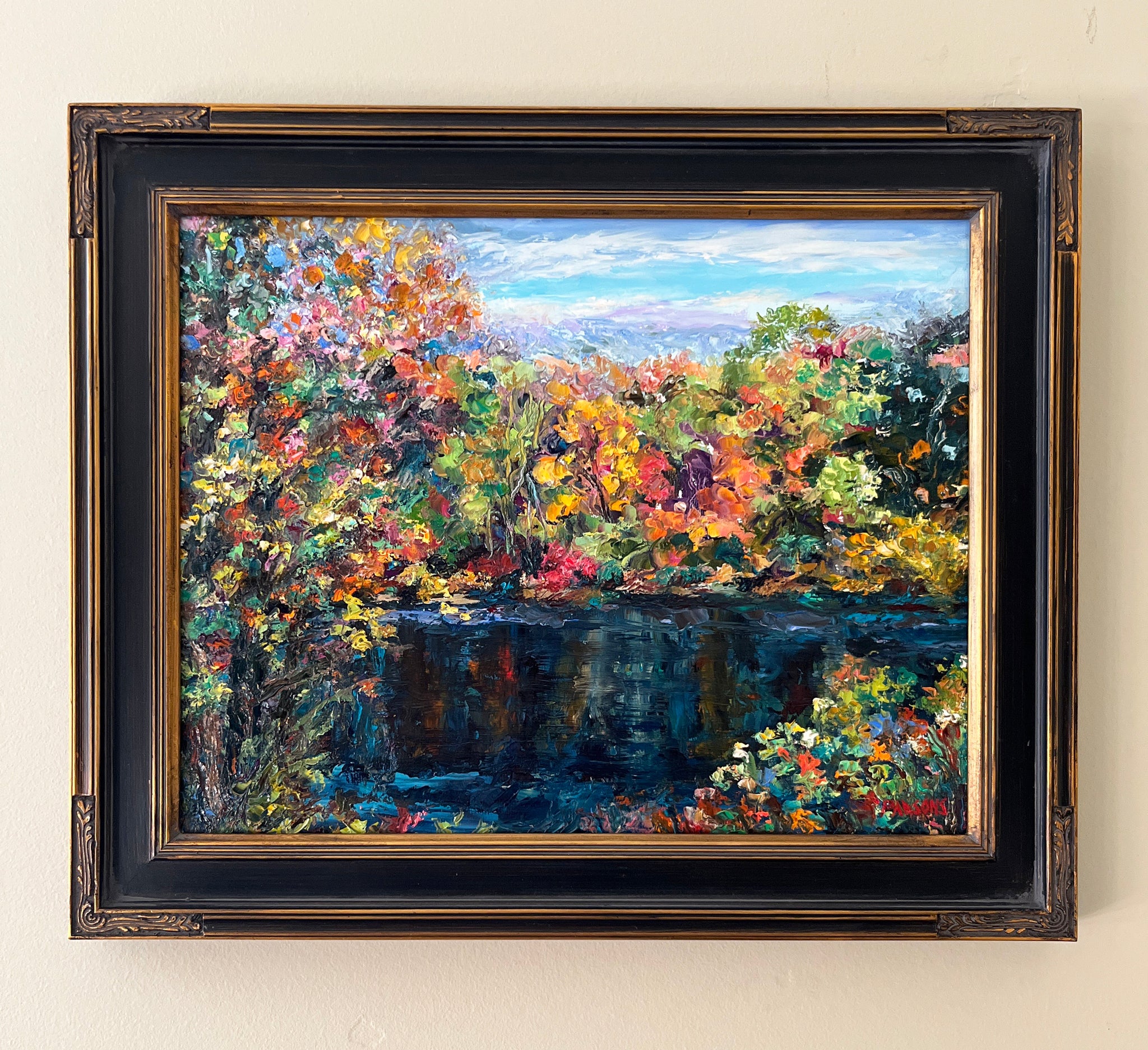 Autumn Reflections on the Delaware River, Framed impressionist oil painting, Bucks County, Pennsylvania Landscape.