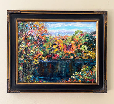 Autumn Reflections on the Delaware River, Framed impressionist oil painting, Bucks County, Pennsylvania Landscape.