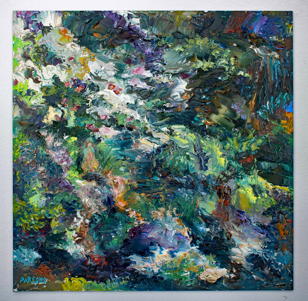Cascading white flowers against a forest backdrop with dark and bright greens, blues and purples.