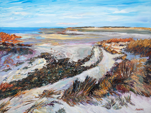 Painting of a coastal landscape with a path leading to the sea.