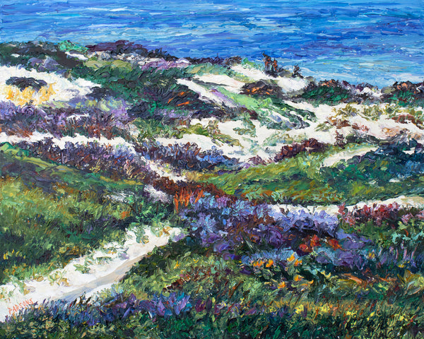 Impressionistic landscape painting of coastal dunes and wildflowers, with blue ocean water at the top, green and purple vegetation, and white sandy paths.