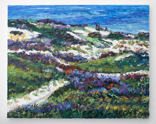 An impressionistic landscape painting of coastal dunes and wildflowers, featuring textured brushstrokes in blue, green, purple, white, and yellow, shown with a slight perspective angle against a light gray background.