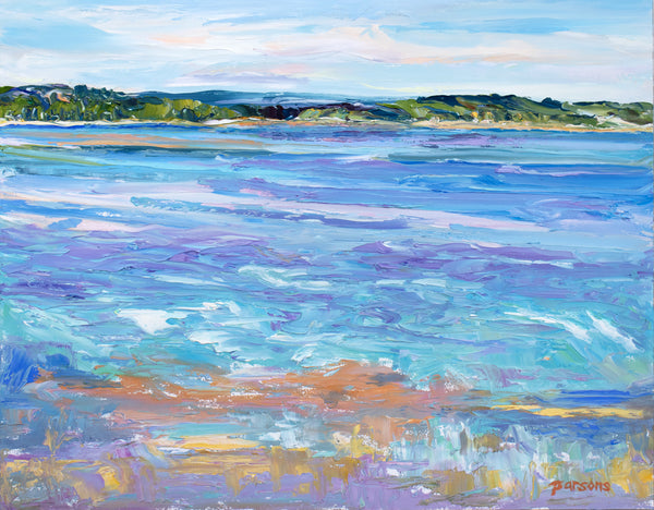Painting of a landscape with a pretty blue marsh and hills in the background. Scene from Acadia National Park, Maine Coast.