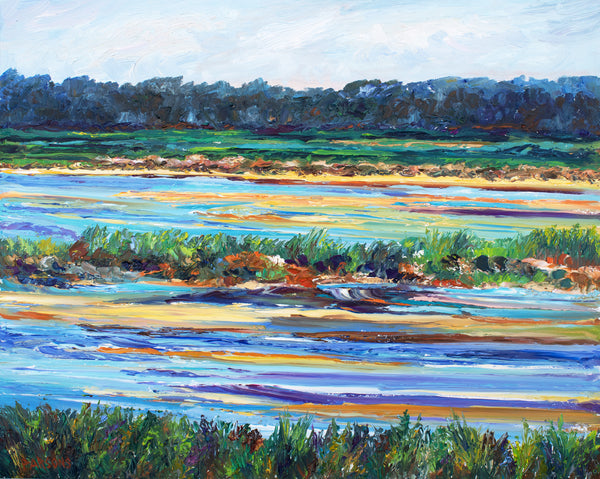 Colorful palette knife landscape painting of a salt marsh on Plum Island, Newburyport, MA